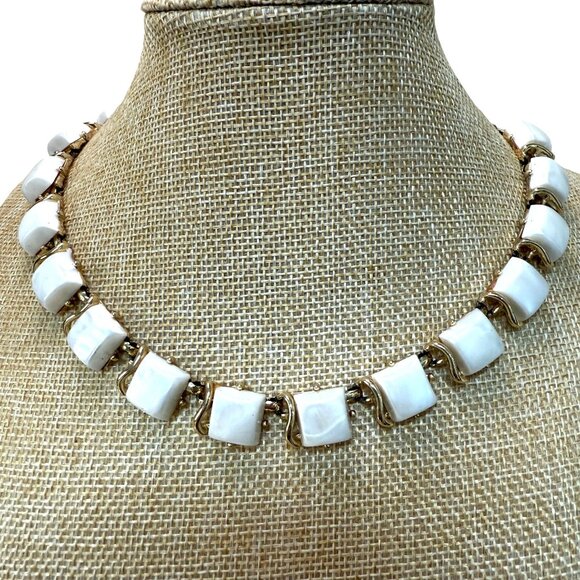 Vintage Coro Gold-Tone Link Necklace With White Thermoset Square Tiles Mid-Centu - Picture 1 of 16
